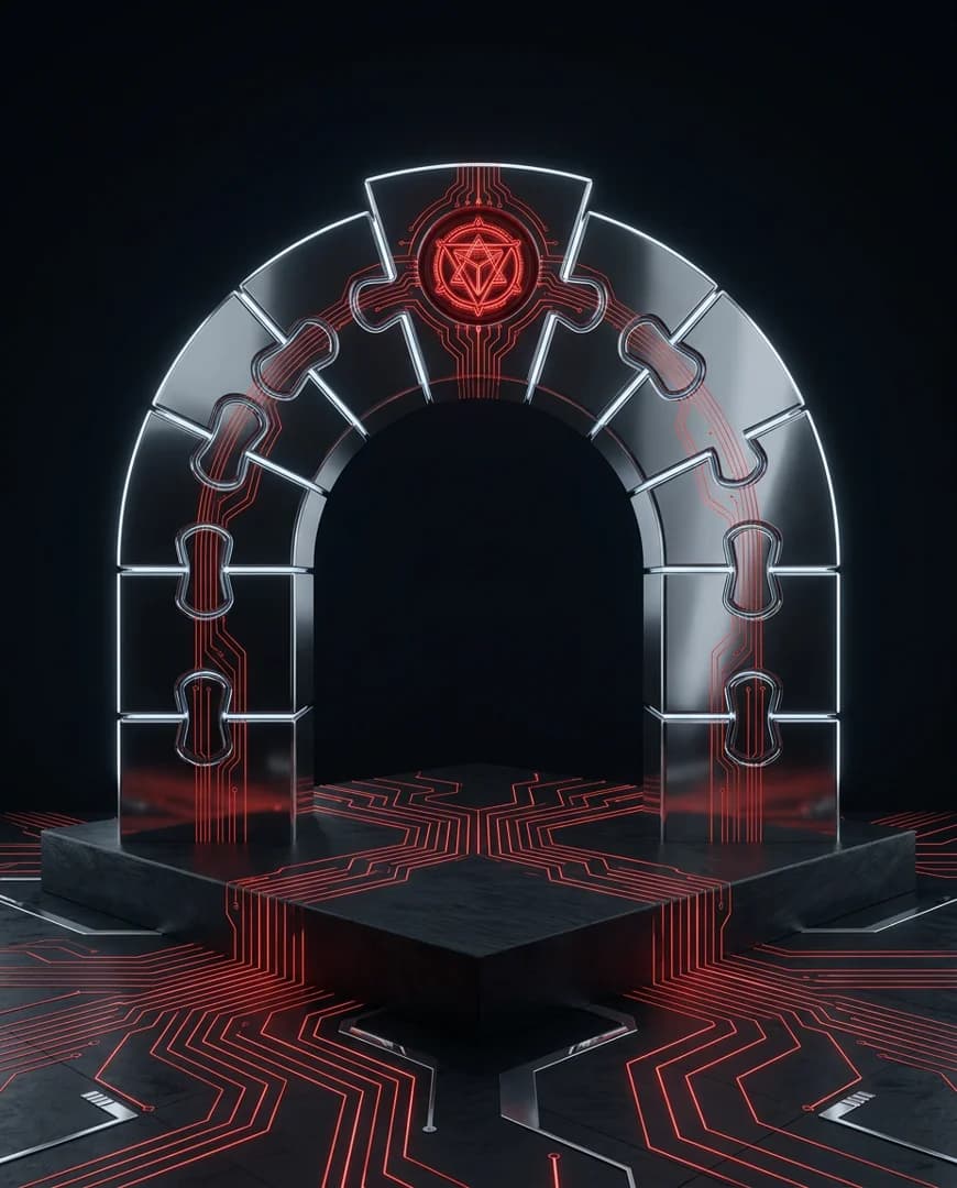 Chrome keystone arch with red core seal representing legal structure