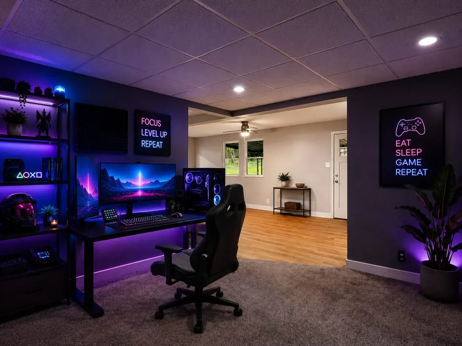 The bonus room restyled as a gaming setup with LED lighting and wall art