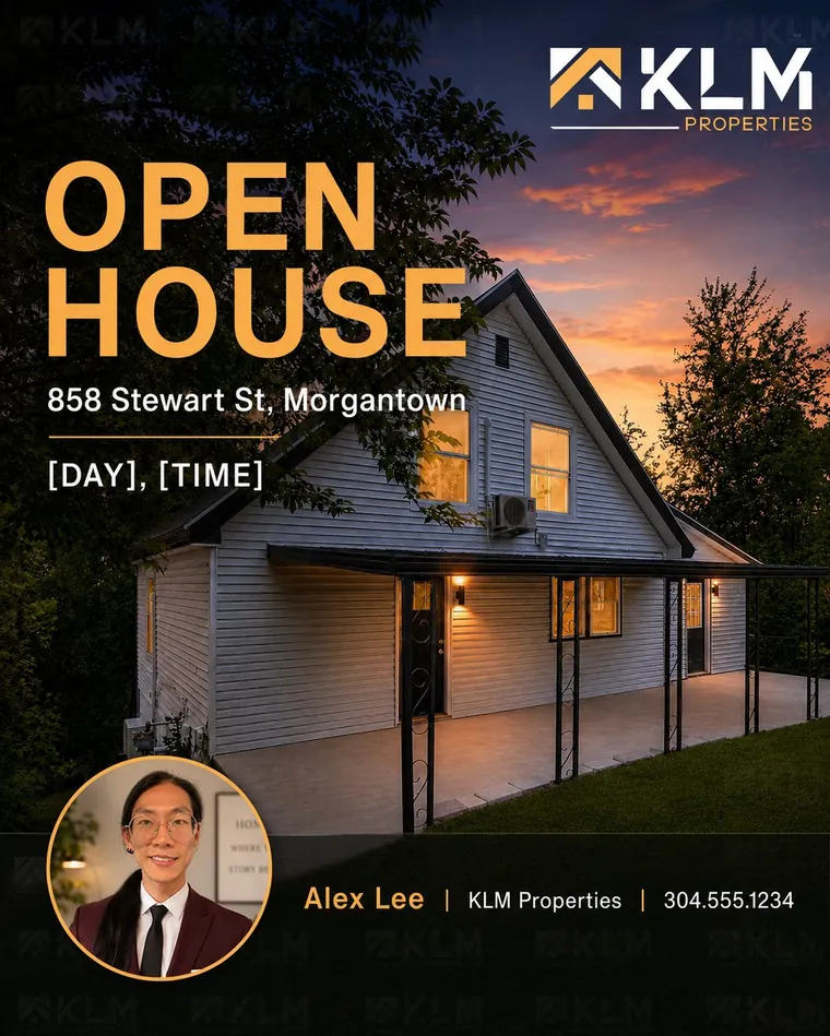 The open-house graphic as the AI first produced it, showing an invented agent name, Alex Lee, and unfilled date and time placeholders