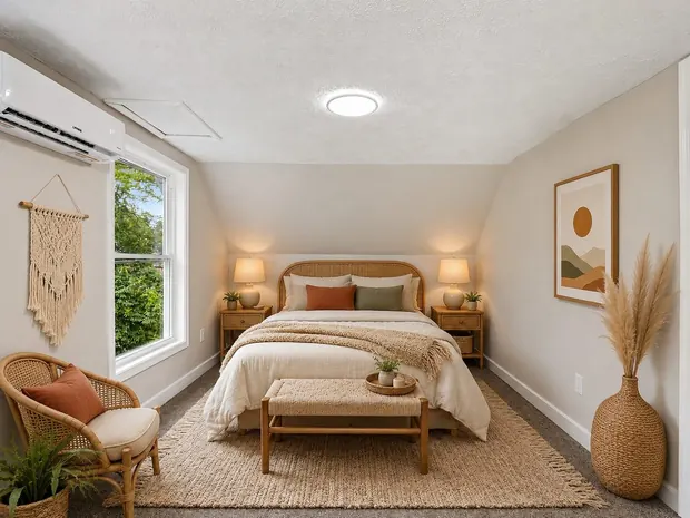 The same bedroom staged in a boho style