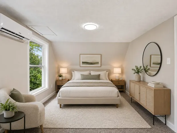 The bedroom virtually staged in a modern style