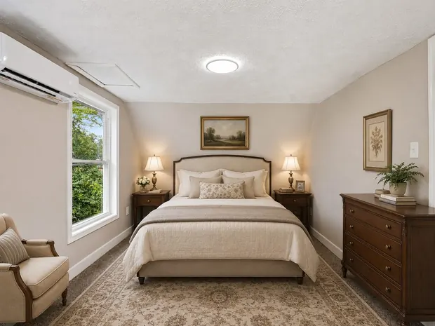 The same bedroom staged in a traditional style