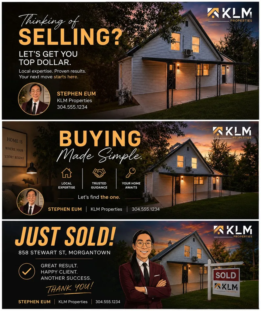 Three branded banners produced from one prompt: Thinking of Selling, Buying Made Simple, and Just Sold