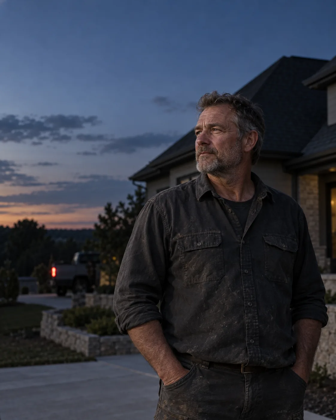 A contractor standing on a finished job site at dusk, his truck's tail light burning red in the distance behind him.