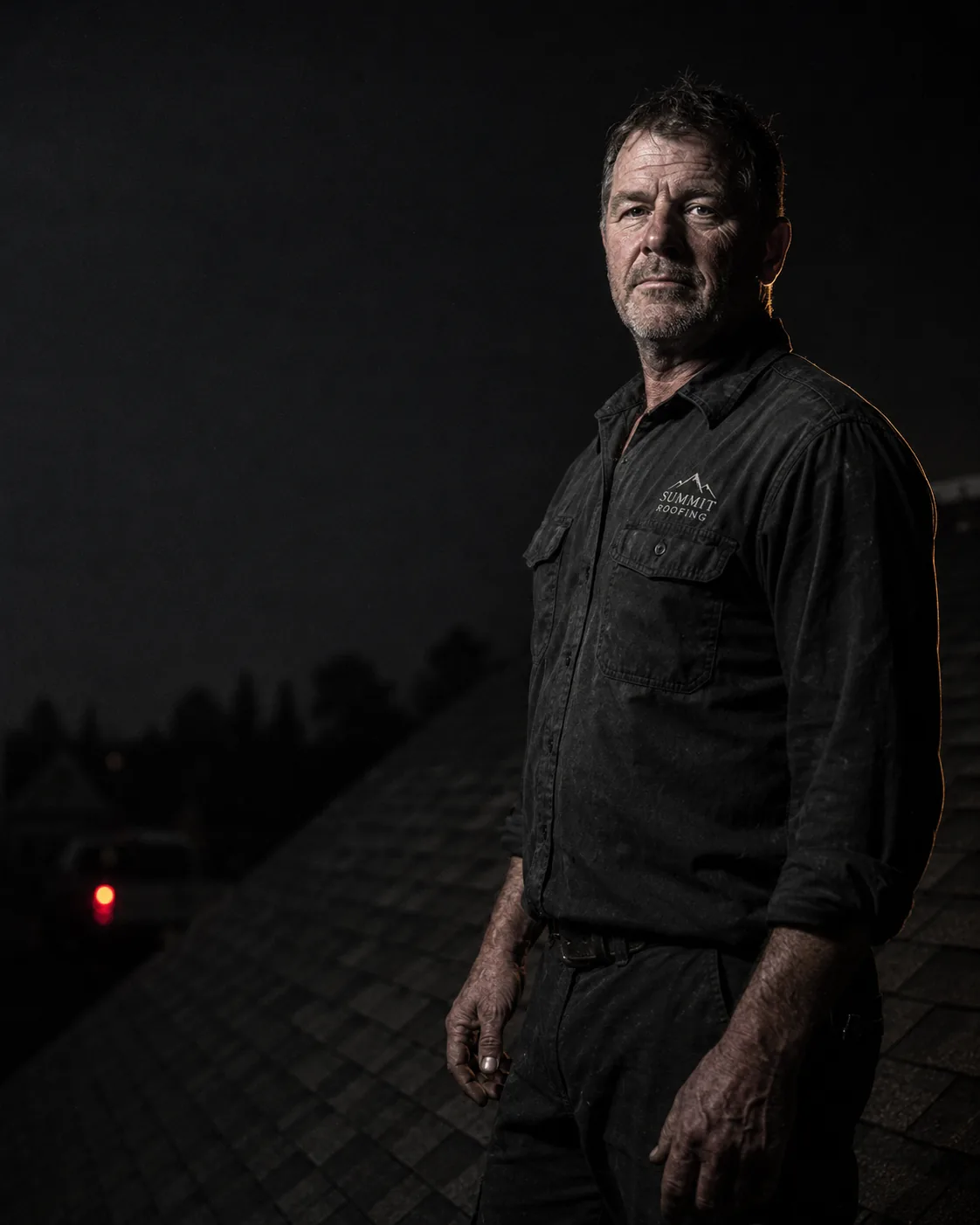 A contractor standing on a finished job site at dusk, his truck's tail light burning red in the distance behind him.
