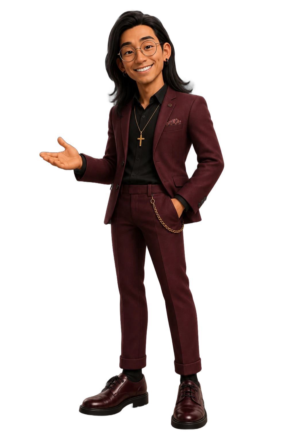 Stephen Eum figurine — burgundy suit, gold cross necklace